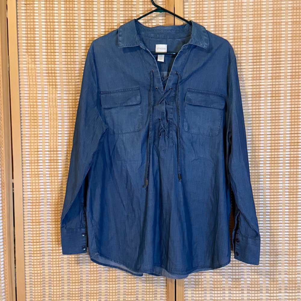 Chicos Womens Blue Cotton Lace Up V-Neck Denim Tunic Blouse Size 3 Large XL